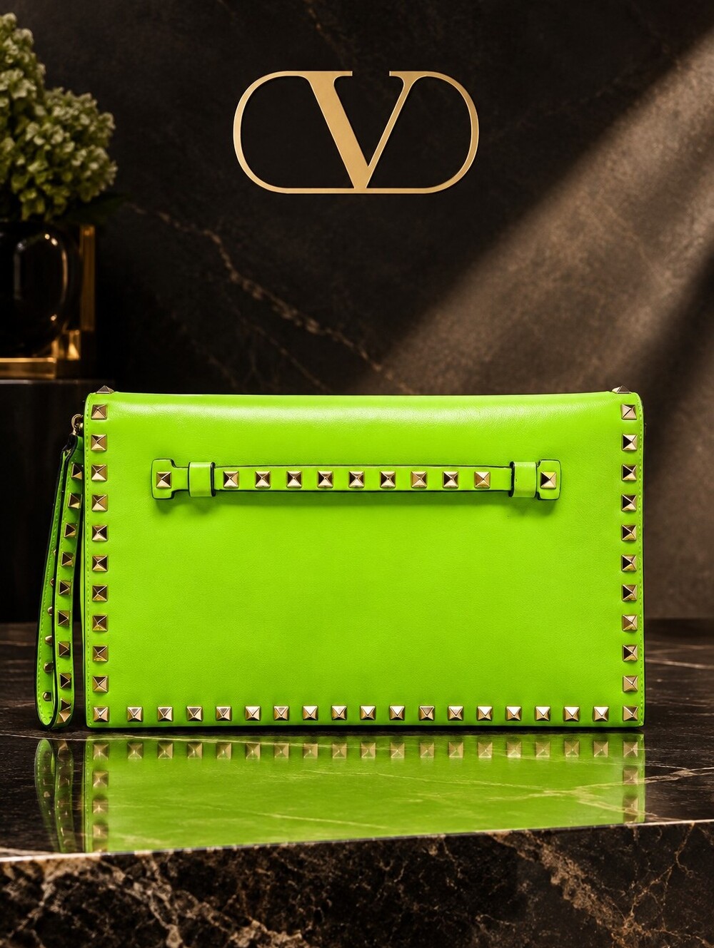 Valentino Rockstud Neon Green Leather Wristlet Clutch